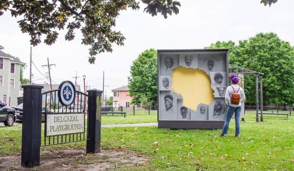 Artist Brendon Palmer-Angell designed this paper and wood monument to the people of Algiers, New Orleans' 15th ward.