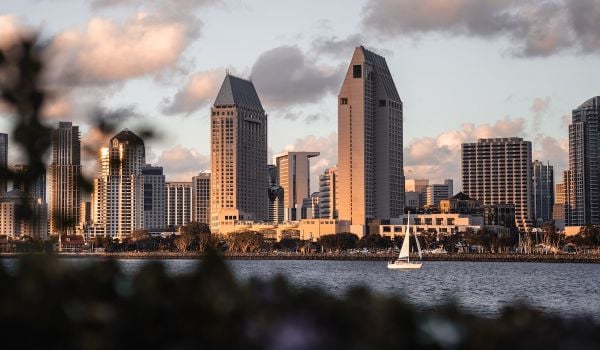 View of buildings and body of water in Coronado Beach, San Diego County, California