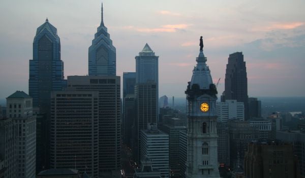 A view of downtown Philadelphia including City Hall.