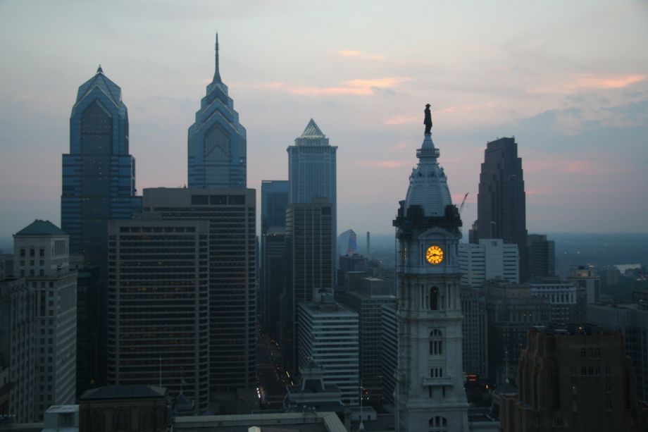A view of downtown Philadelphia including City Hall. 