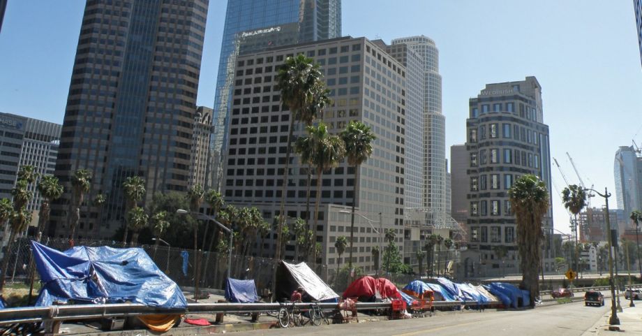 Tents set up along a freeway in Los Angeles