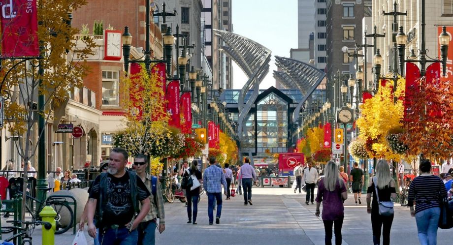 People walking and shopping on Calgary's main street