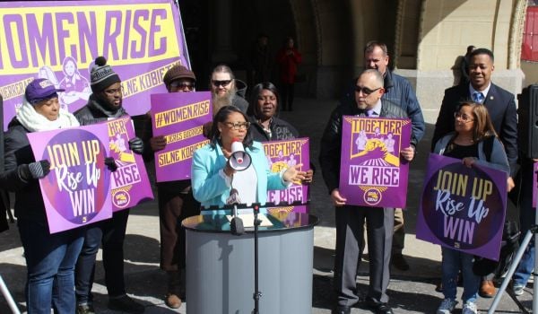 Alderwoman Chantia Lewis rallies with SEIU Local 1 in support of equal pay and union rights. (File photo, April 10, 2018)