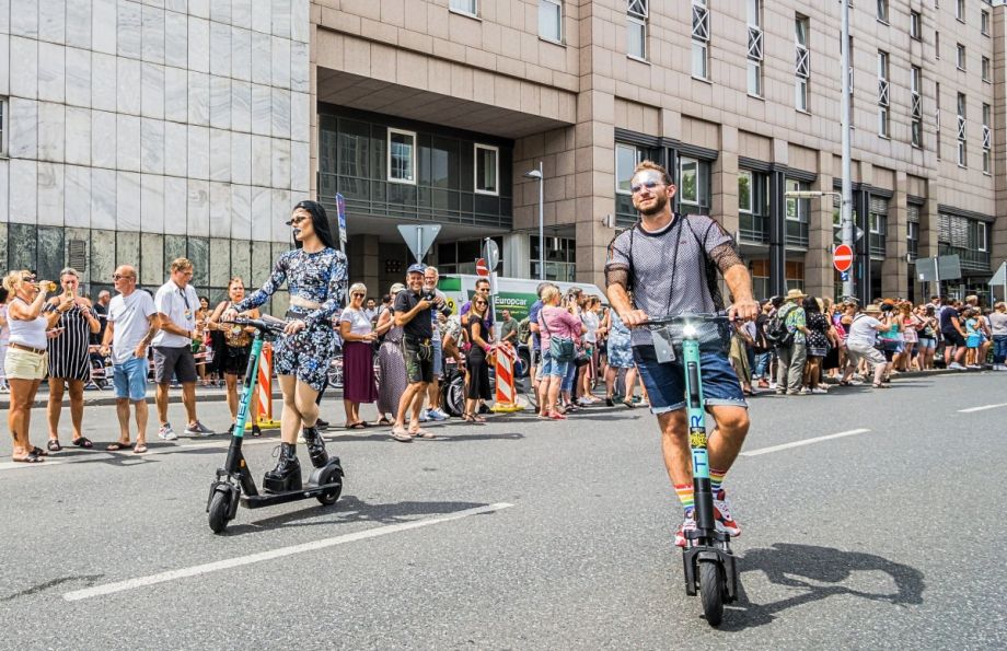 E-scooters in Frankfurt, Germany, during Frankfurt Pride.