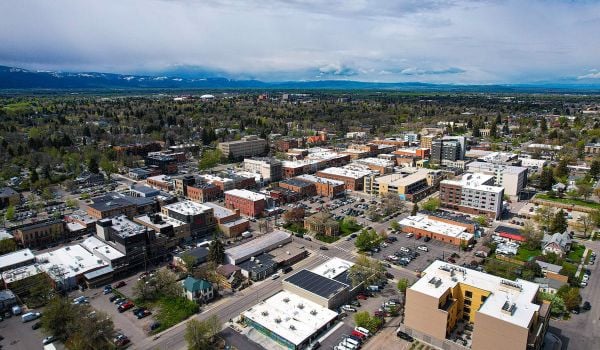 Buildings and landscape of Downtown Bozeman, Montana, seen from above