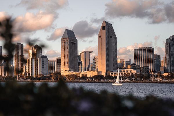View of buildings and body of water in Coronado Beach, San Diego County, California