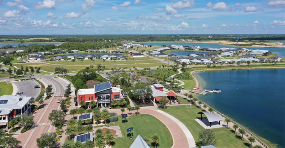 Aerial view of Babcock Ranch Florida, with solar panels on roofs of buildings
