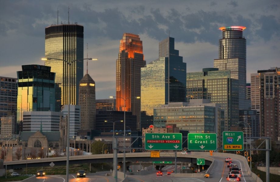 A view of downtown Minneapolis overlooking a highway. 