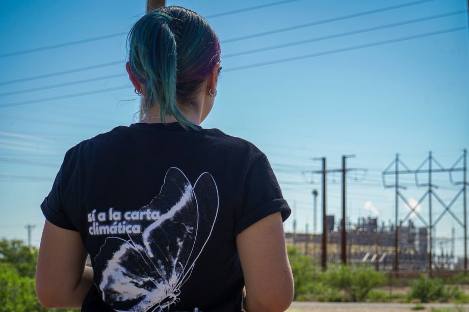 The back of Ana Fuentes, as she looks toward some power lines