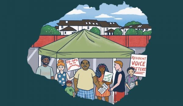 An illustration of Kaua‘i renters who want to acquire their apartment complex and convert it into a workforce housing cooperative.