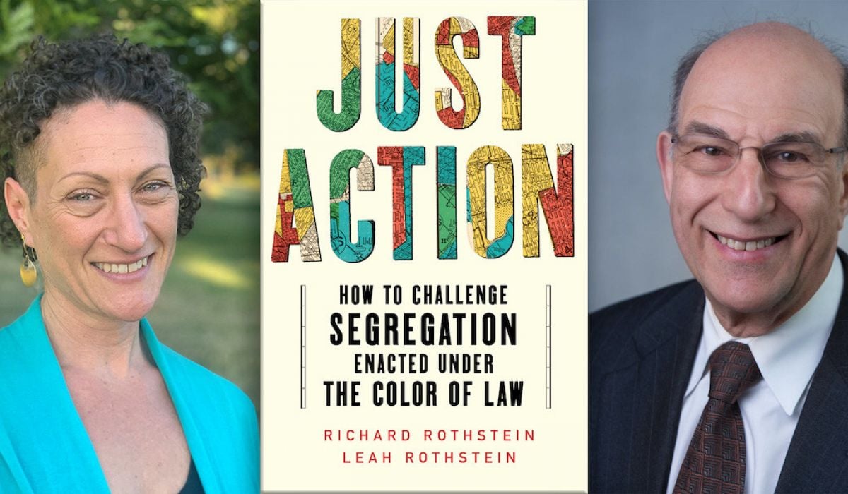 Just Action webinar flier featuring headshots of Leah and Richard Rothstein and their book cover.