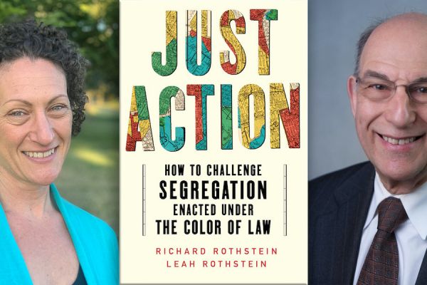 Just Action webinar flier featuring headshots of Leah and Richard Rothstein and their book cover.