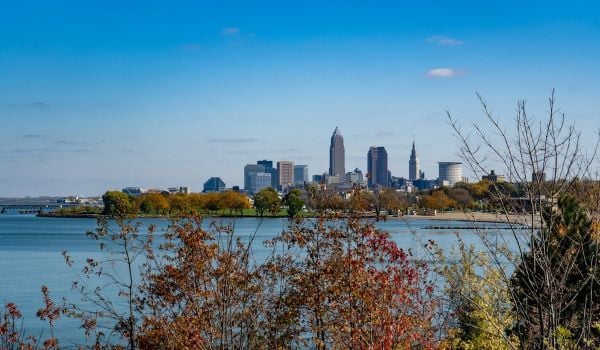 Lake Erie seen behind the tops of tree with Cleveland skyline in the background