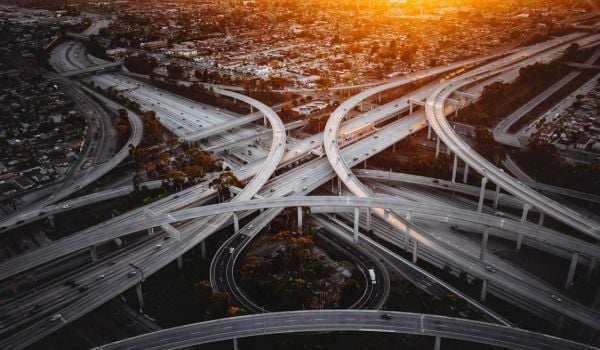 Aerial view of highway interchanges in Los Angeles