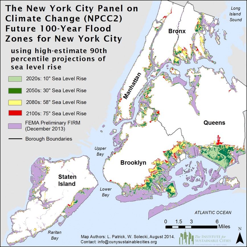 Potential areas that could be affected by the 100‐year flood in the 2020s, 2050s, 2080s, and 2100, based on NPCC2 projections of the high‐estimate 90th‐percentile sea level rise scenario. (Credit: New York City Panel on Climate Change 2015 Report) 