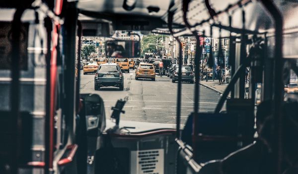 A view of traffic in New York City from inside a bus