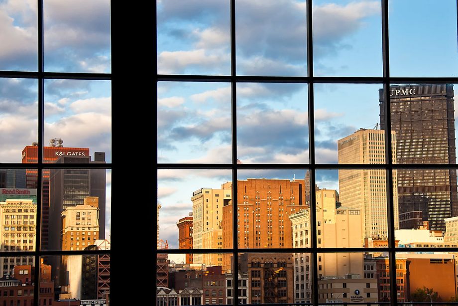 Downtown Pittsburgh skyscrapers seen through windows
