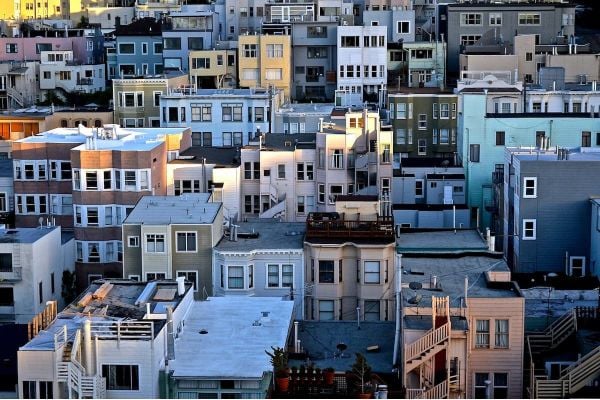 Rows of housing in various colors in San Francisco