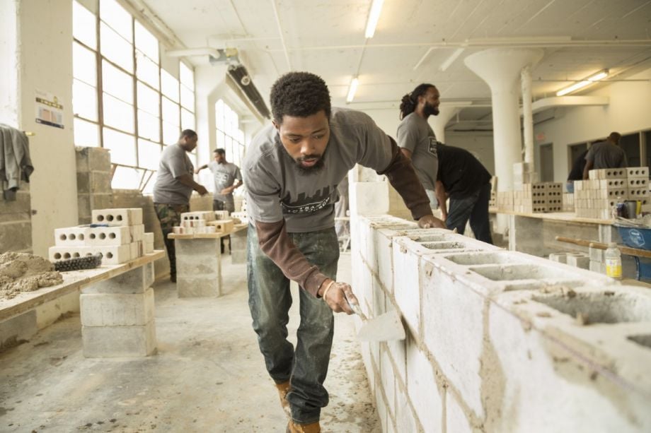 Students at The Trade Institute of Pittsburgh, many of whom were formerly incarcerated, learn masonry and carpentry at 7800 Susquehanna 