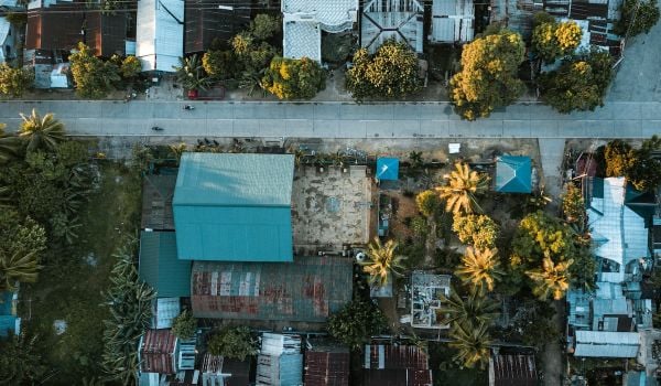Drone shot of a small town near Cloud 9 in the Island of Siargao in the Philippines.