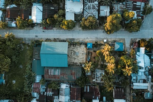 Drone shot of a small town near Cloud 9 in the Island of Siargao in the Philippines.