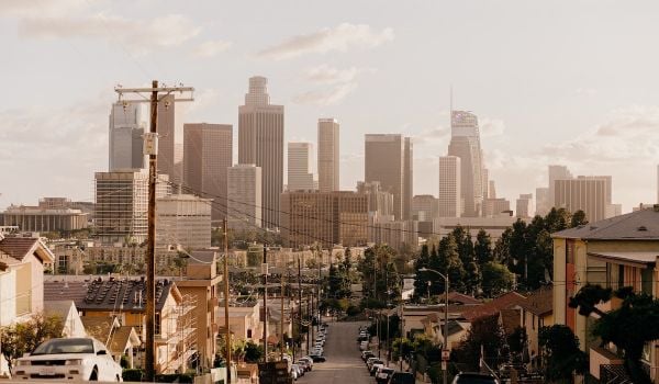 A view of downtown Los Angeles from a residential neighborhood.