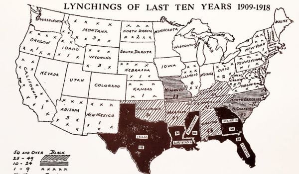 An early 20th-century NAACP map showing lynchings between 1909 and 1918. The maps were sent to politicians and newspapers in an effort to spur legislation protecting Black Americans.