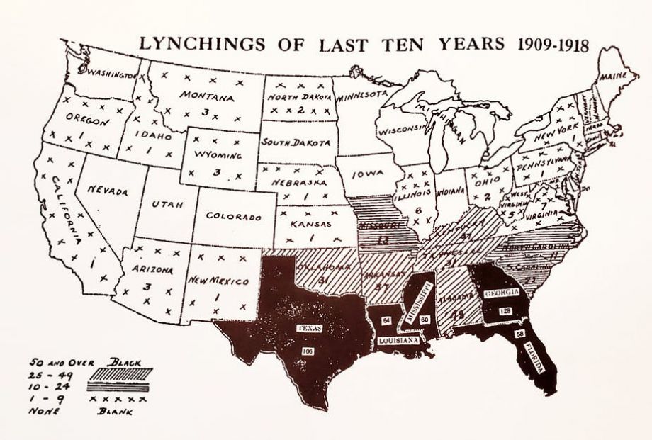 An early 20th-century NAACP map showing lynchings between 1909 and 1918. The maps were sent to politicians and newspapers in an effort to spur legislation protecting Black Americans.