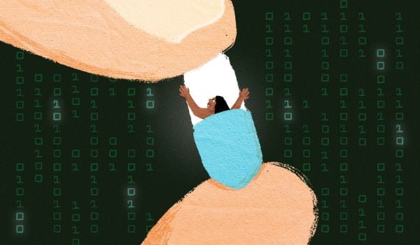 An illustration of a hand holding a pill.
