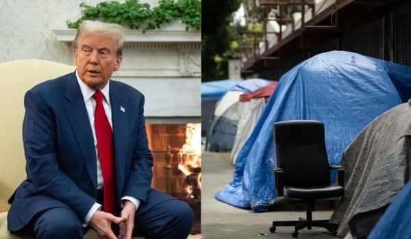 An image of Donald Trump and an image of a homeless encampment.