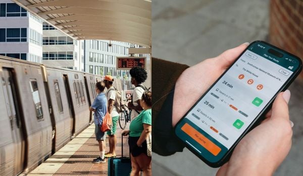 Transit riders standing on a WMATA metro platform; a photo of a phone showing the Waymap interface.